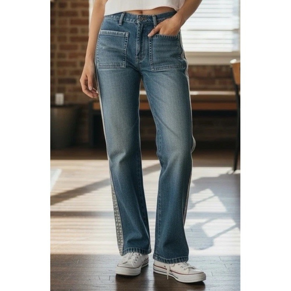 Side Seam Jean Front Patch Pocket Utility Relaxed Medium Wash 30" Edgy Cool Girl - Picture 1 of 13